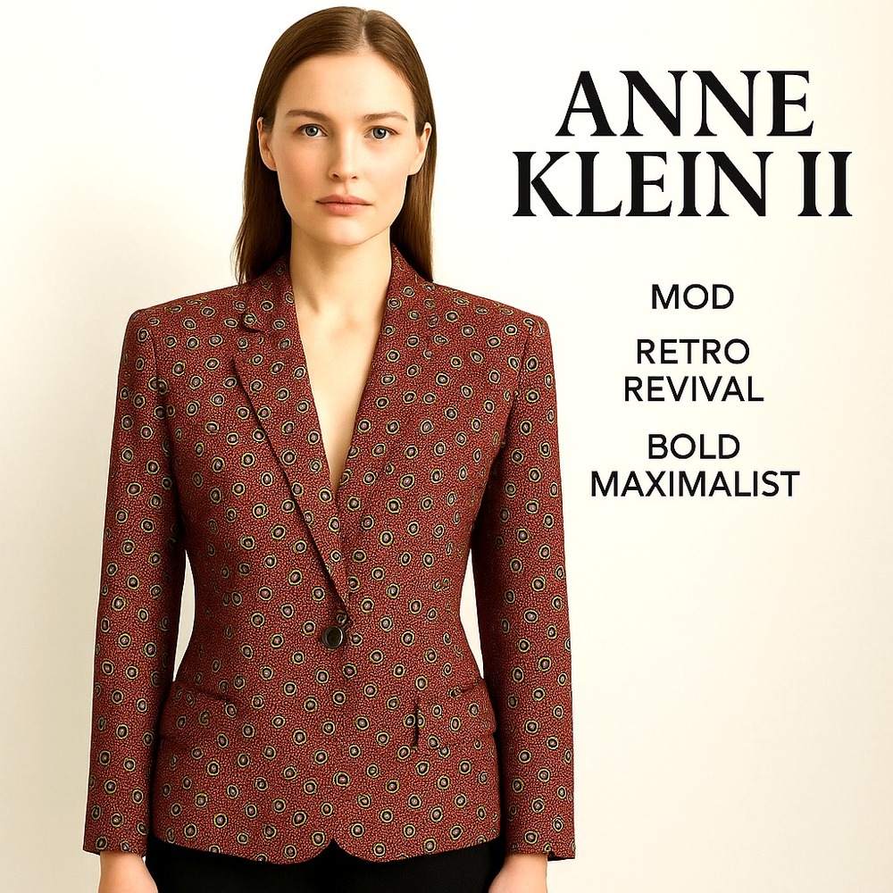 Anne Klein II Silk Blazer Women's 2 Vintage Red‎ Geometric Mod Retro Jacket